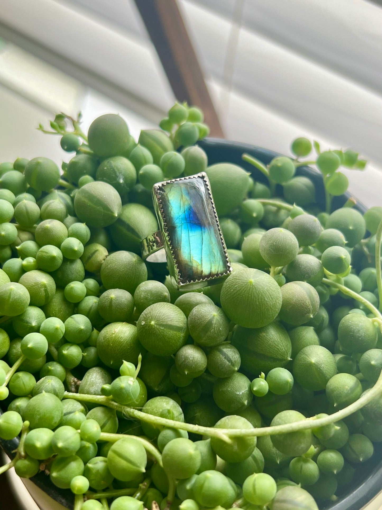 Rectangle labradorite stamped ring - size 7