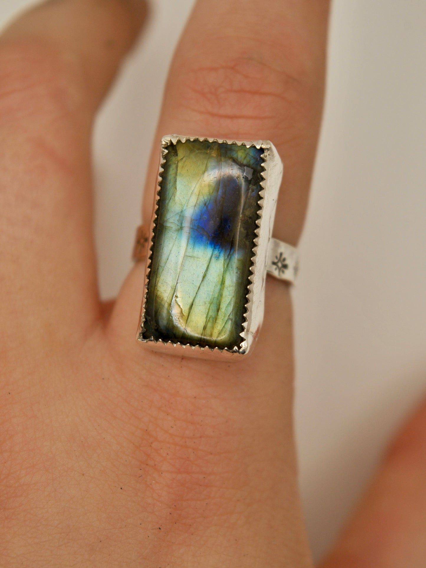 Rectangle labradorite stamped ring - size 7