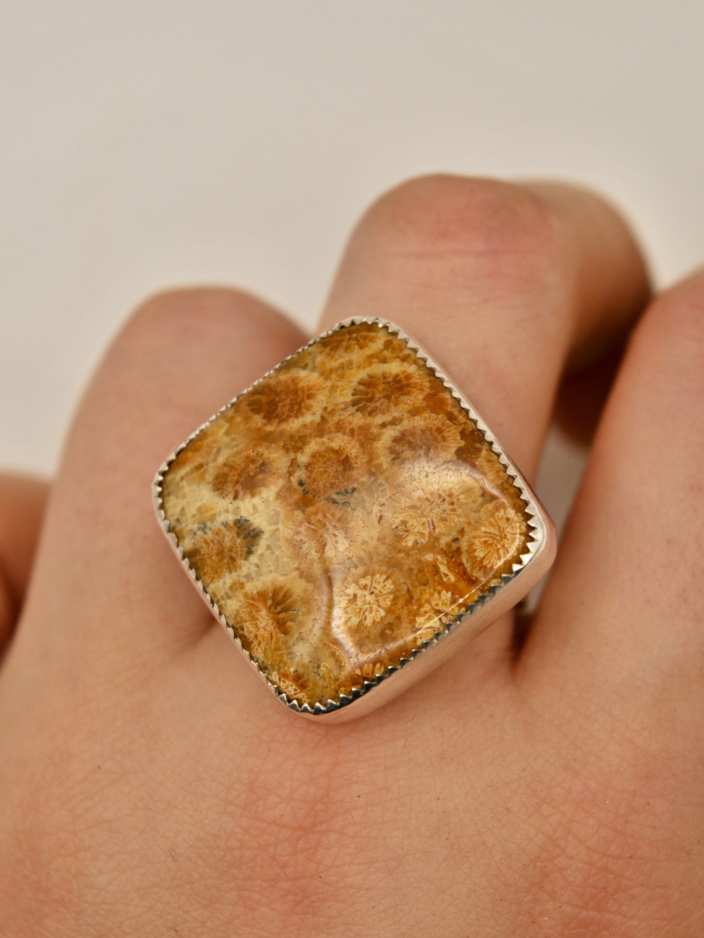 Natural Fossil Coral Ring-925 Sterling Silver Ring-Statement Ring- Rings 2024 For Women- Floral Fossil Ring- Yellow Gemstone Ring- Everyday Ring