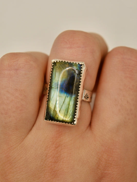 Rectangle labradorite stamped ring - size 7