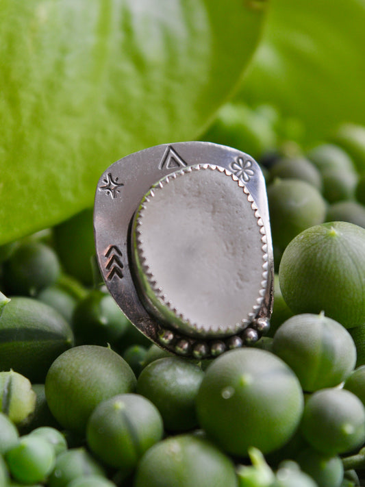 Clear sea glass stamped ring - size 7.5