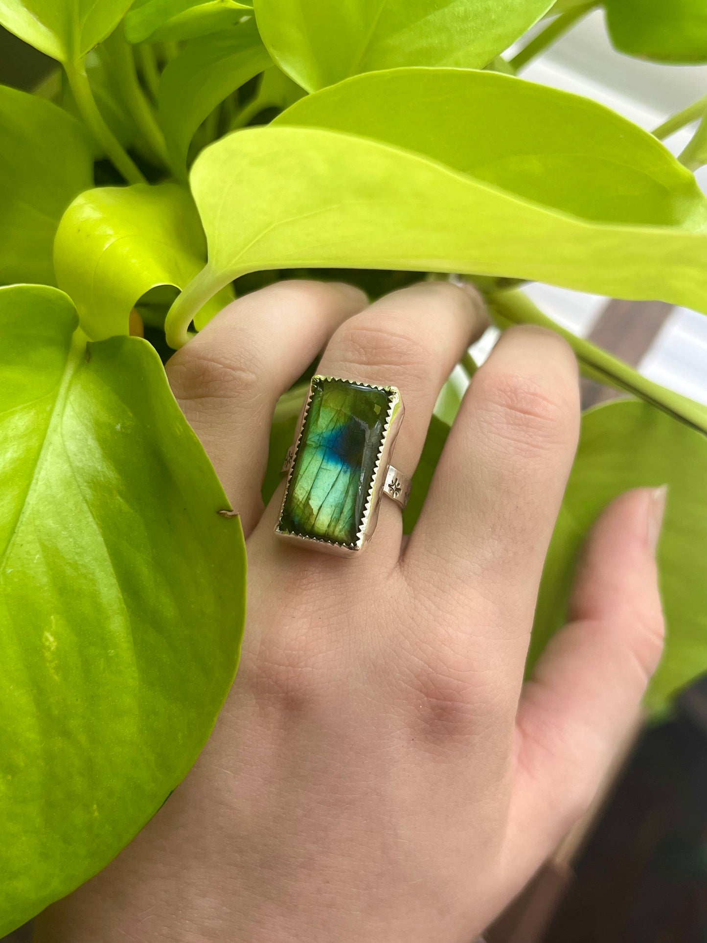 Rectangle labradorite stamped ring - size 7